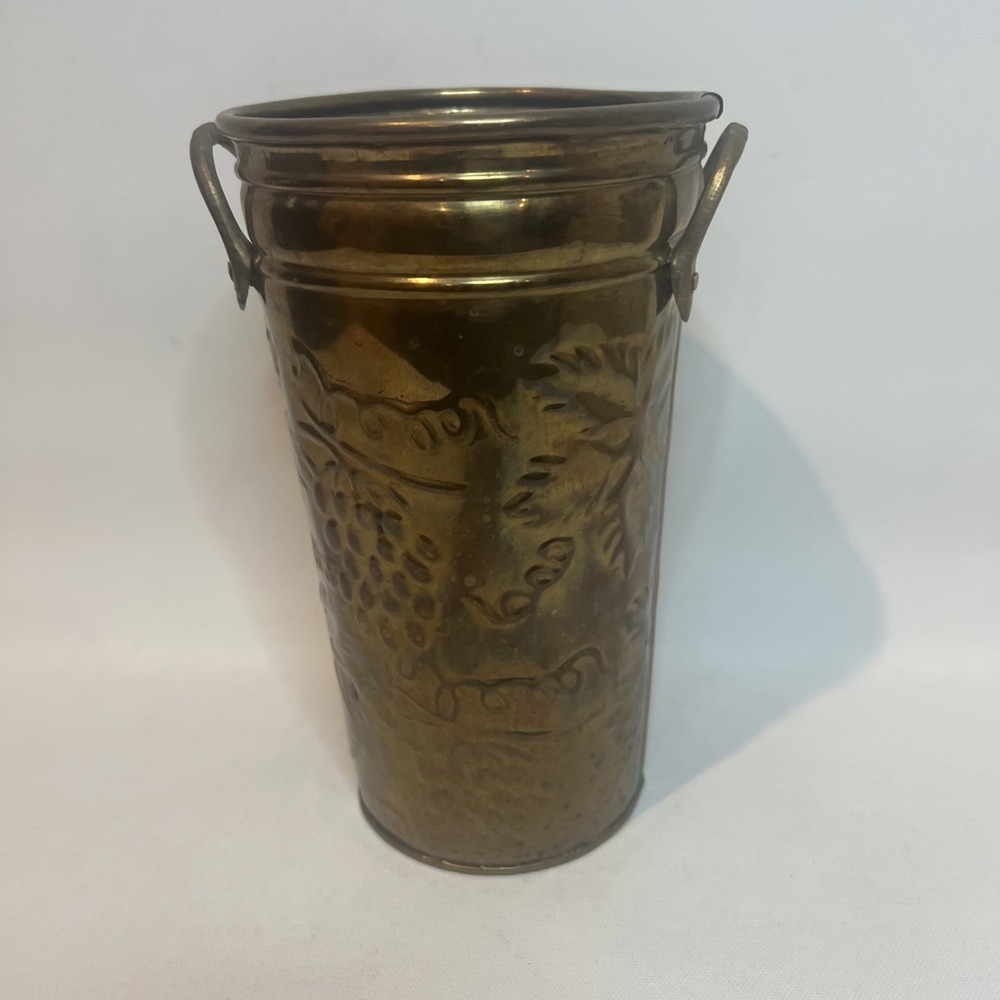 Vintage Hosley Brass Vase Bucket Grapevine Embossed India 7.5" Handles